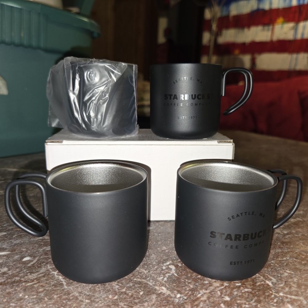 NWT Starbucks Black Stainless Steel Espresso 3oz Coffee Cups.... Set Of 4